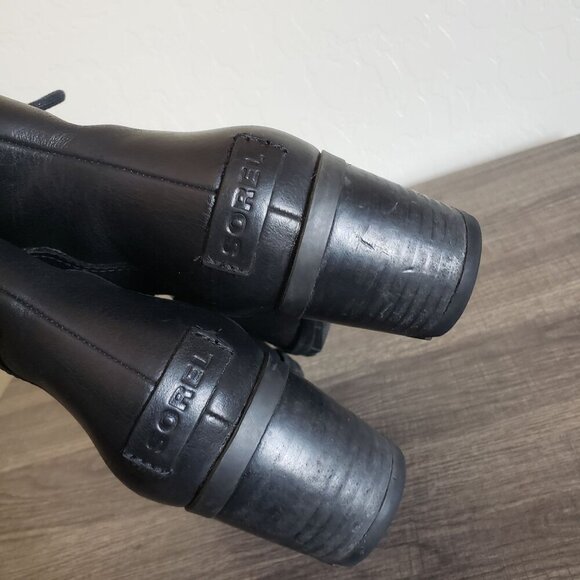 Sorel Cate Waterproof Leather Lace-Up Block Heel Ankle Boots Black 7 Biker Moto - Picture 11 of 12
